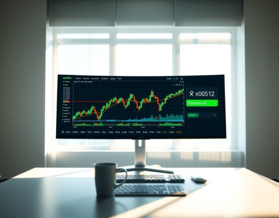 Digital interface showing xPoint rewards and xStocks trading charts on a monitor in a modern office