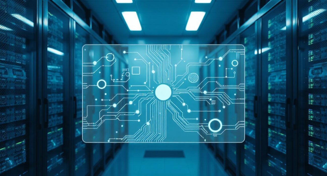 AI-powered business automation infrastructure with server racks and holographic data interface