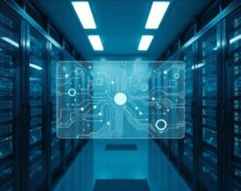 AI-powered business automation infrastructure with server racks and holographic data interface