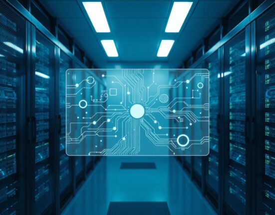 AI-powered business automation infrastructure with server racks and holographic data interface