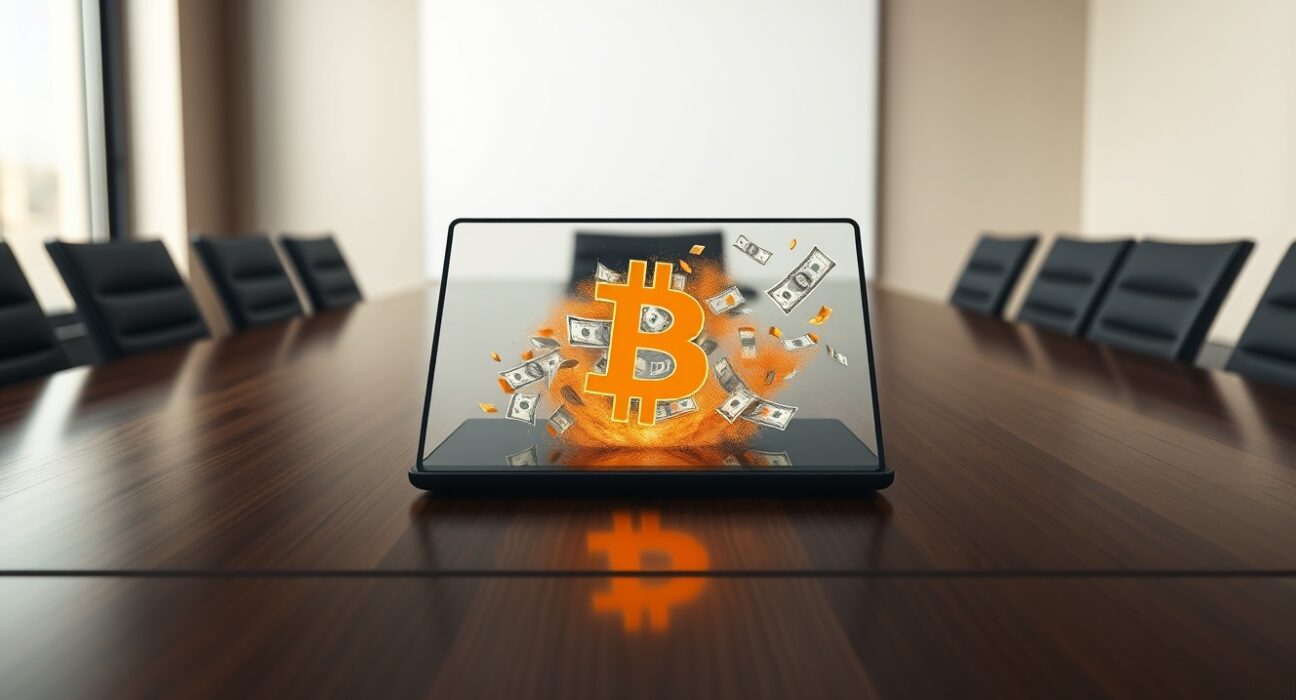 Corporate Bitcoin treasury strategy showing digital asset conversion to USD liquidity on a boardroom tablet.
