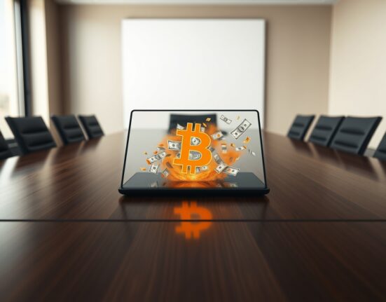 Corporate Bitcoin treasury strategy showing digital asset conversion to USD liquidity on a boardroom tablet.
