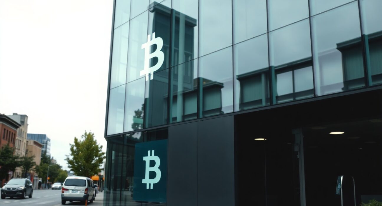 Modern office building with a Bitcoin logo reflection, representing Nakamoto's strategic shift to a Bitcoin operating company.