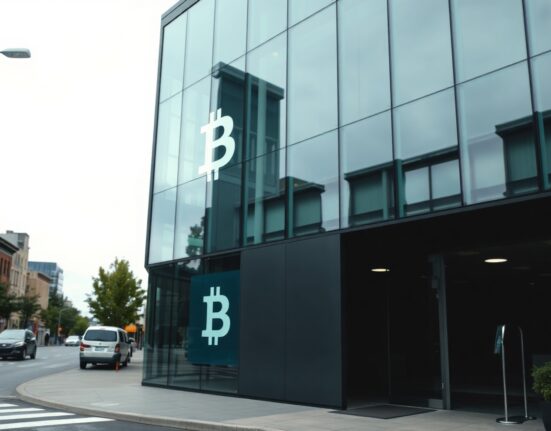 Modern office building with a Bitcoin logo reflection, representing Nakamoto's strategic shift to a Bitcoin operating company.