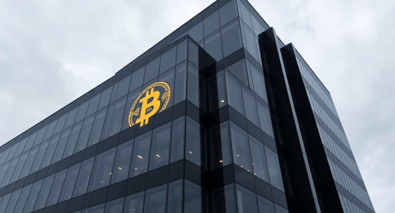 Corporate office building exterior with Bitcoin reflection in glass facade under overcast sky
