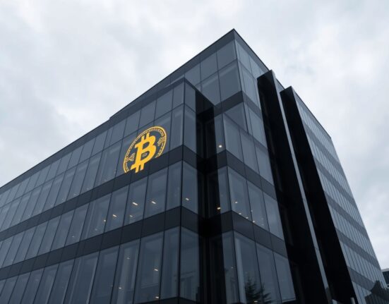 Corporate office building exterior with Bitcoin reflection in glass facade under overcast sky