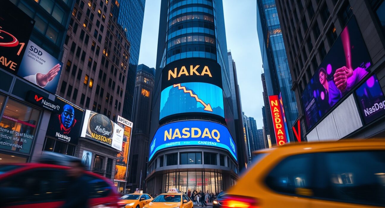Nasdaq building in New York at dusk with stock ticker showing NAKA symbol