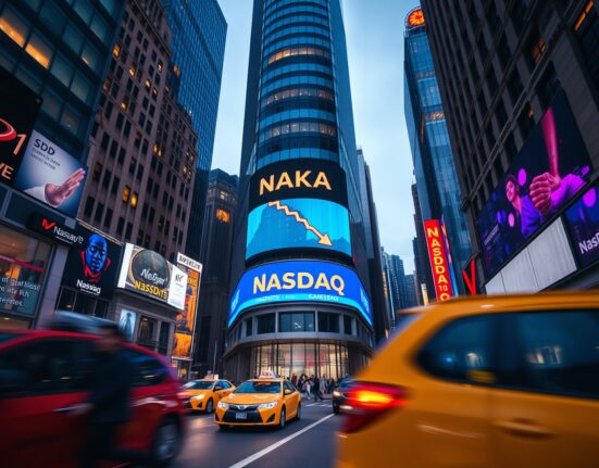 Nasdaq building in New York at dusk with stock ticker showing NAKA symbol