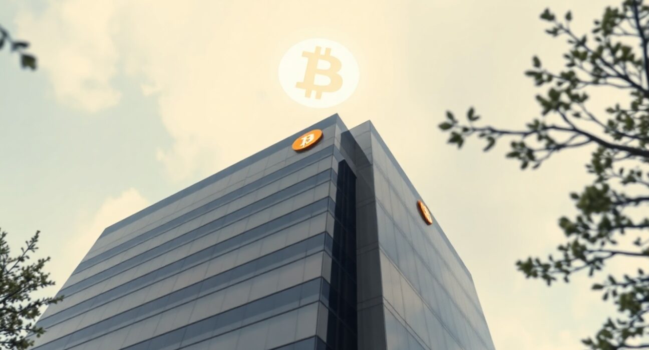Corporate office building with Bitcoin symbol in the sky, representing Nakamoto's Bitcoin debt repayment strategy.