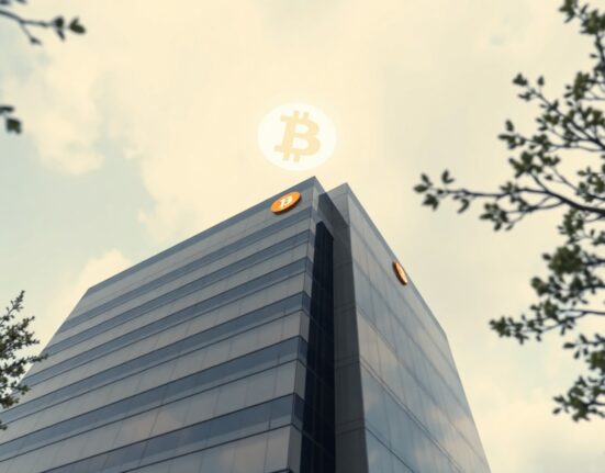 Corporate office building with Bitcoin symbol in the sky, representing Nakamoto's Bitcoin debt repayment strategy.