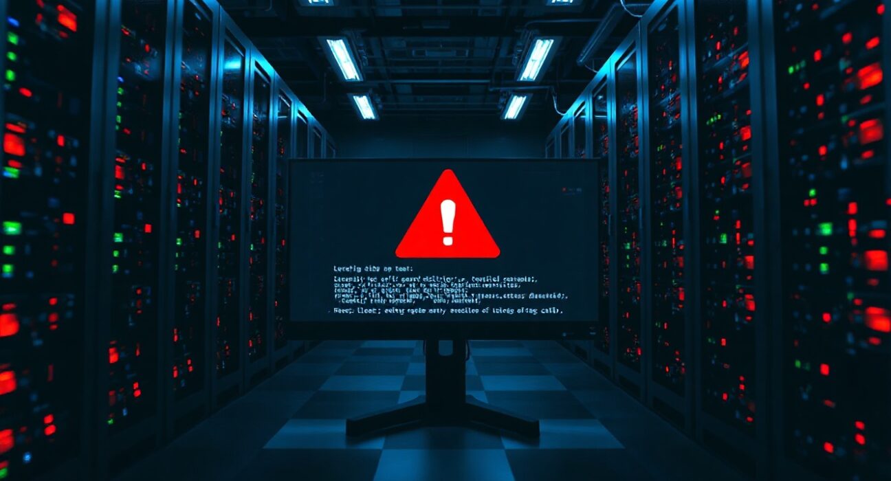 A monitor displaying a security warning in a dimly lit server room, representing the Namada blockchain exploit.