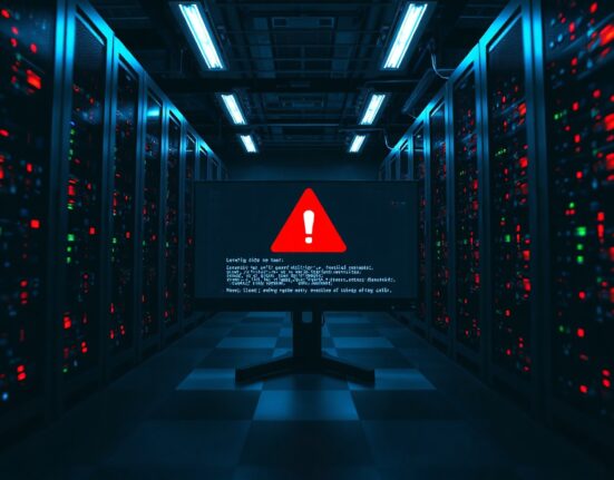 A monitor displaying a security warning in a dimly lit server room, representing the Namada blockchain exploit.
