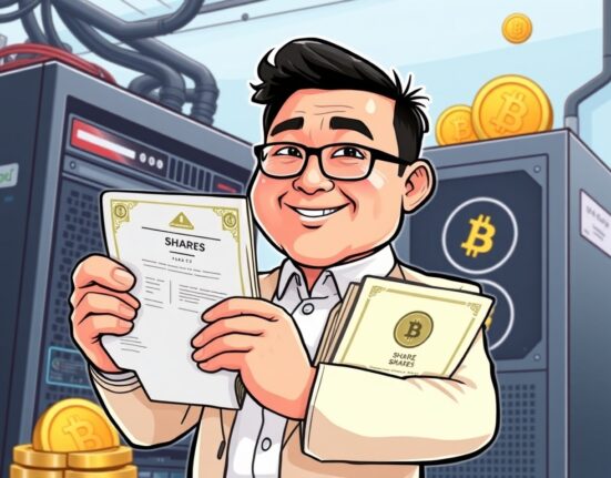 A cartoon illustration of Nano Labs CEO buying company shares, reflecting confidence in the firm's future and its significant BNB holdings.