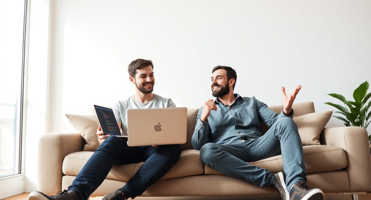 Gavriel and Lazer Cohen, co-founders of NanoCo, discussing their startup on a couch
