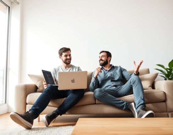 Gavriel and Lazer Cohen, co-founders of NanoCo, discussing their startup on a couch