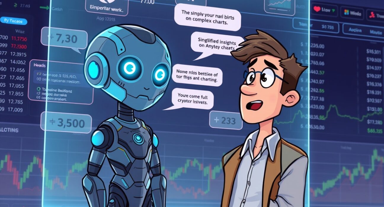 A cartoon AI agent is shown transforming complex crypto charts into simple, conversational insights for a trader, highlighting the power of Nansen AI.