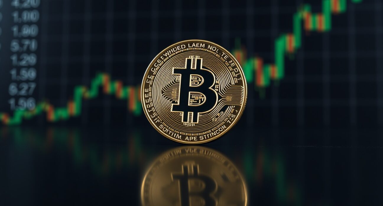 Bitcoin coin with stock chart in background, symbolizing price analysis and market trends.