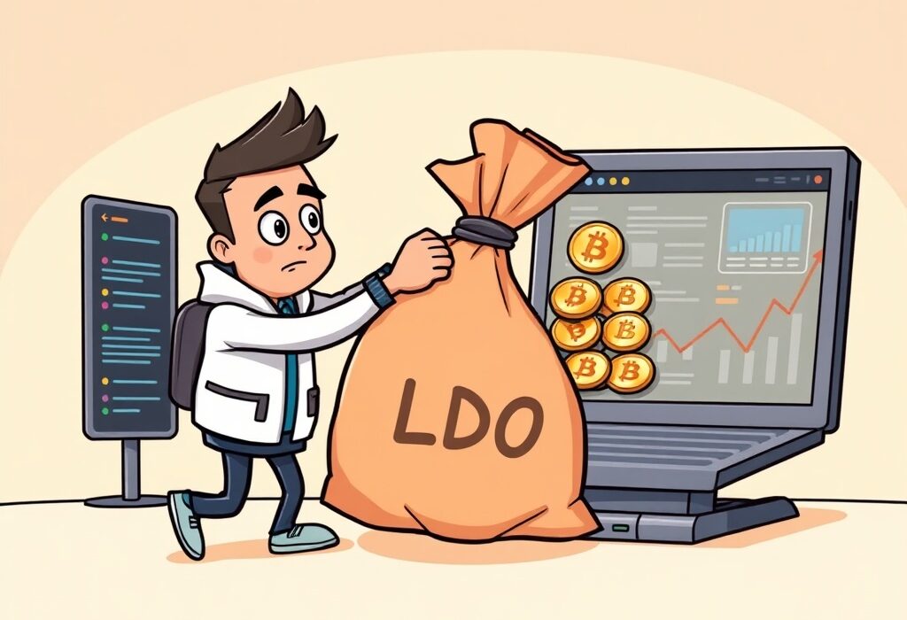 A cartoon illustration depicting a significant Nansen CEO LDO deposit into a crypto exchange, symbolizing a notable LDO token transfer event.