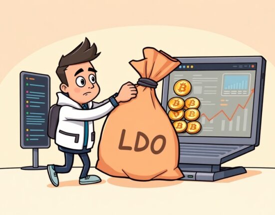 A cartoon illustration depicting a significant Nansen CEO LDO deposit into a crypto exchange, symbolizing a notable LDO token transfer event.
