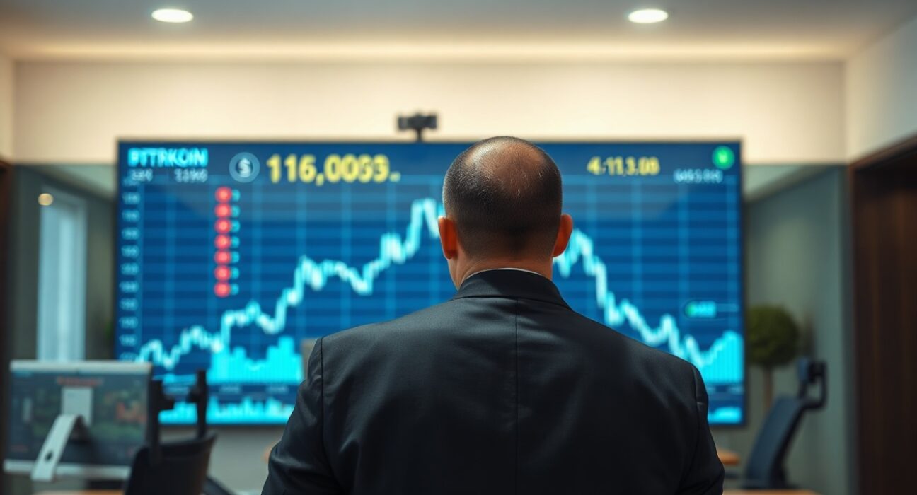 Analyst observing blockchain network charts on a screen in a modern office, illustrating crypto market analysis.