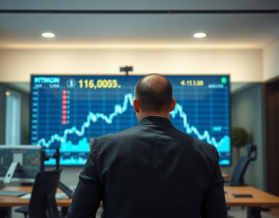 Analyst observing blockchain network charts on a screen in a modern office, illustrating crypto market analysis.