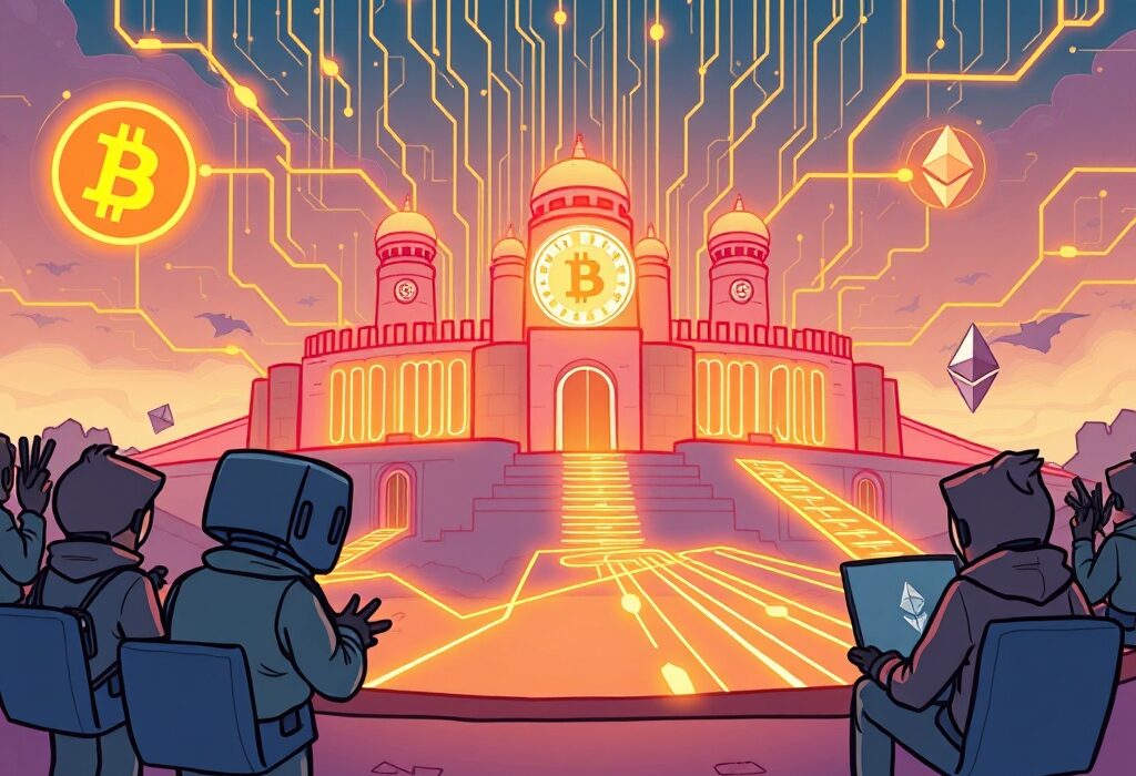A digital fortress representing strong blockchain encryption, being tested by cybersecurity experts in a challenge.
