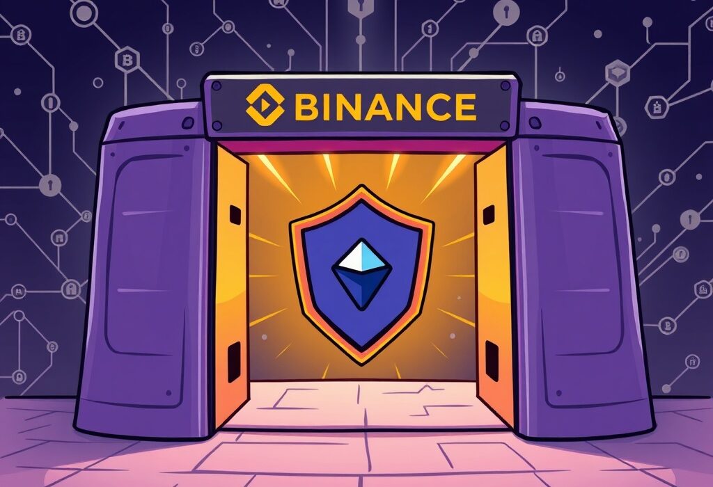 Cartoon illustration symbolizing Naoris Protocol's integration with Binance Alpha, enhancing decentralized Web3 security.