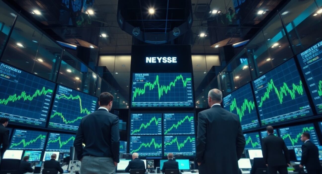 Stock exchange trading floor with digital screens showing rising tech stock charts.