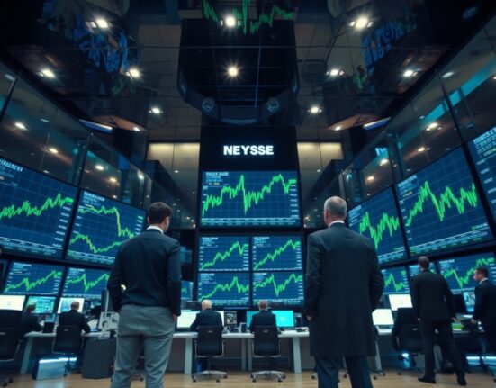 Stock exchange trading floor with digital screens showing rising tech stock charts.