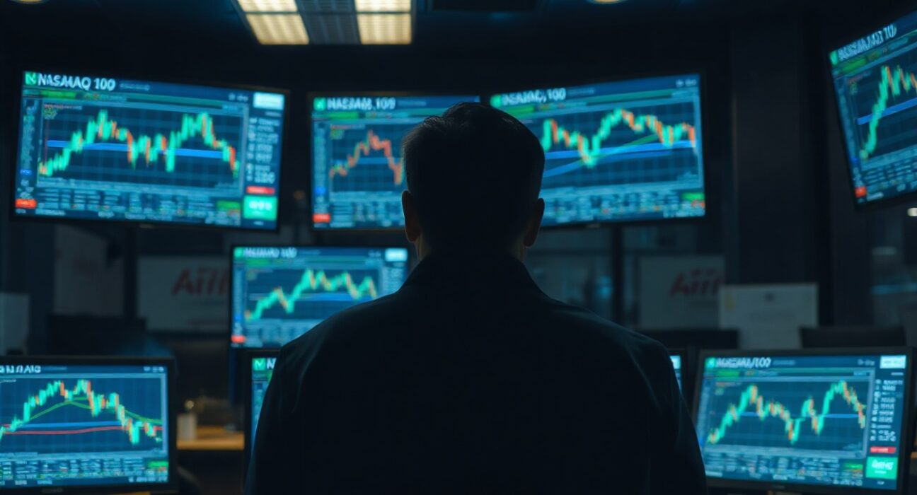Trader monitoring Nasdaq 100 and AUD/JPY charts on multiple screens in a modern trading floor.