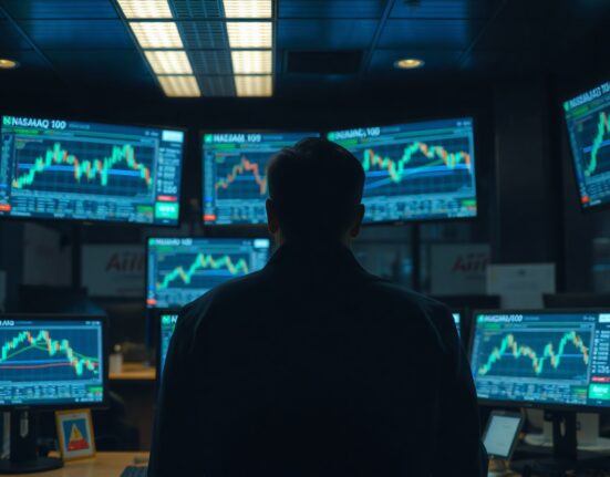Trader monitoring Nasdaq 100 and AUD/JPY charts on multiple screens in a modern trading floor.
