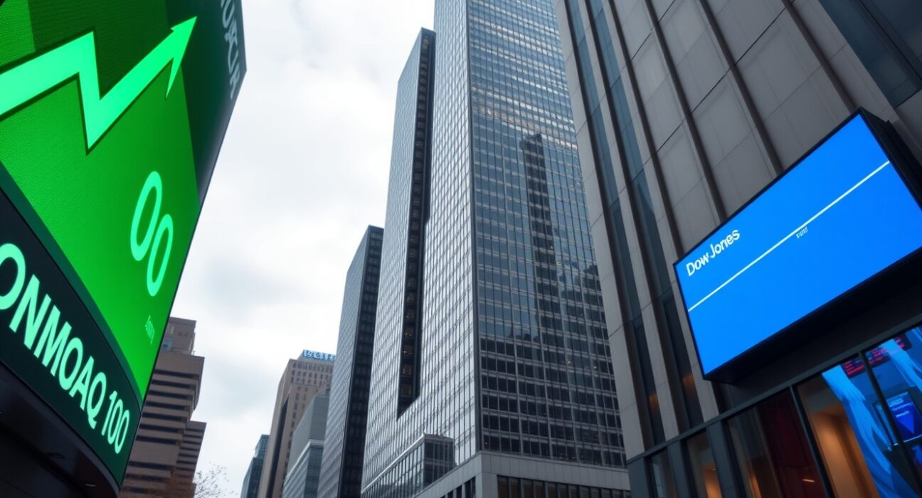 NASDAQ 100 green rally arrow and Dow Jones flat line on digital stock boards