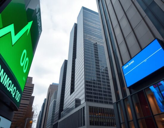 NASDAQ 100 green rally arrow and Dow Jones flat line on digital stock boards