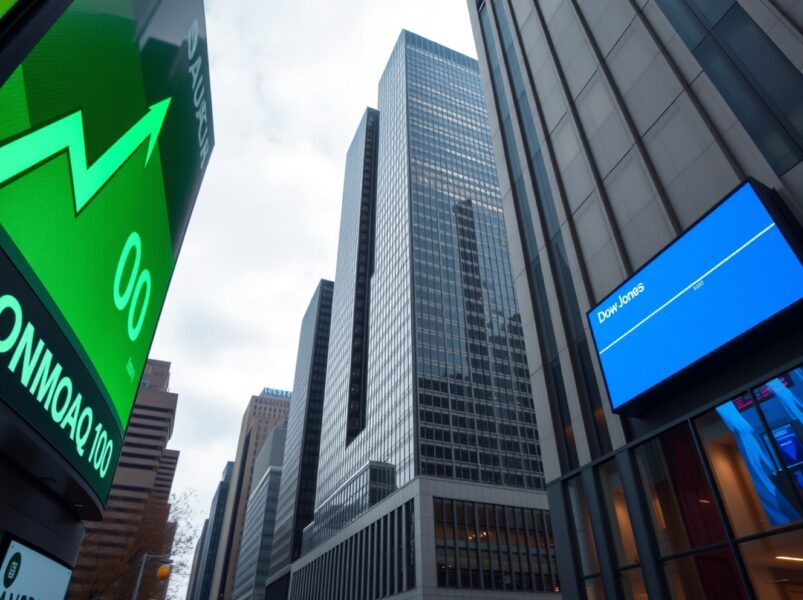 NASDAQ 100 green rally arrow and Dow Jones flat line on digital stock boards