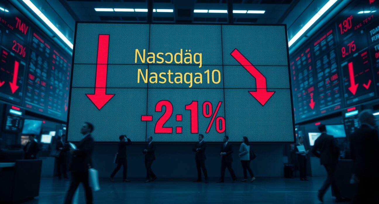 Stock market board showing Nasdaq 100 down 2.1% with red indicators.