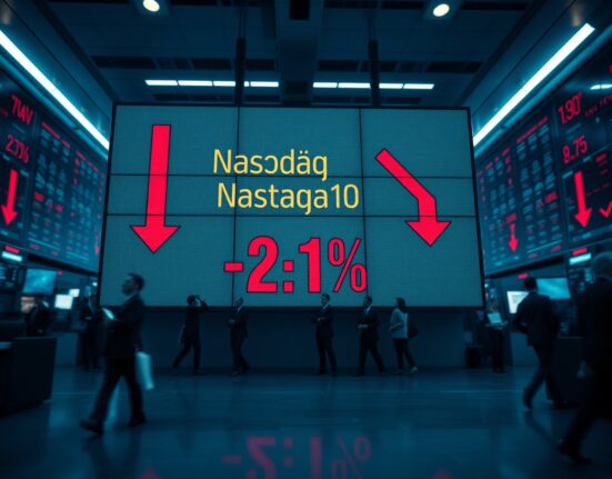 Stock market board showing Nasdaq 100 down 2.1% with red indicators.