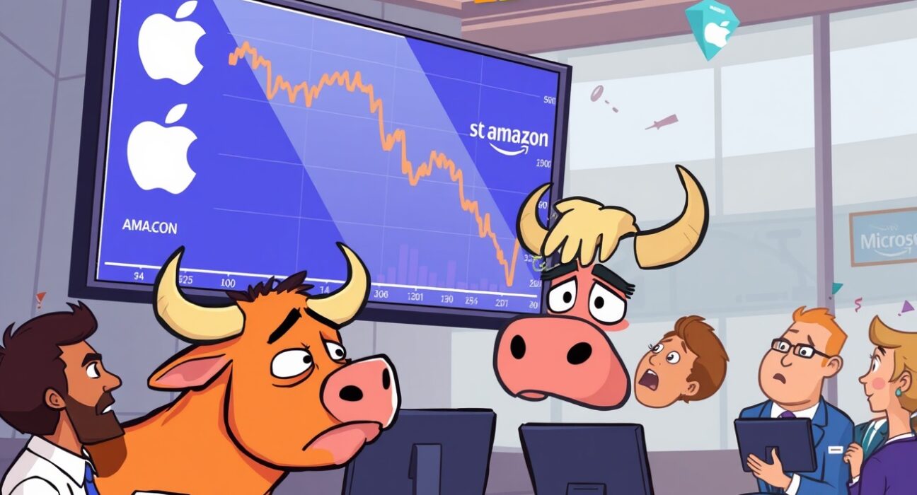 Nasdaq 100 stock market decline showing worried investors and falling charts