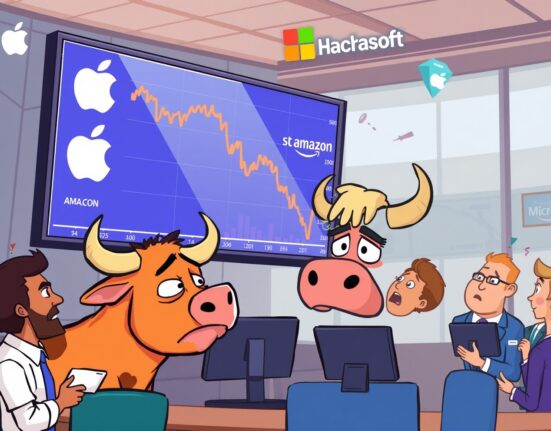 Nasdaq 100 stock market decline showing worried investors and falling charts