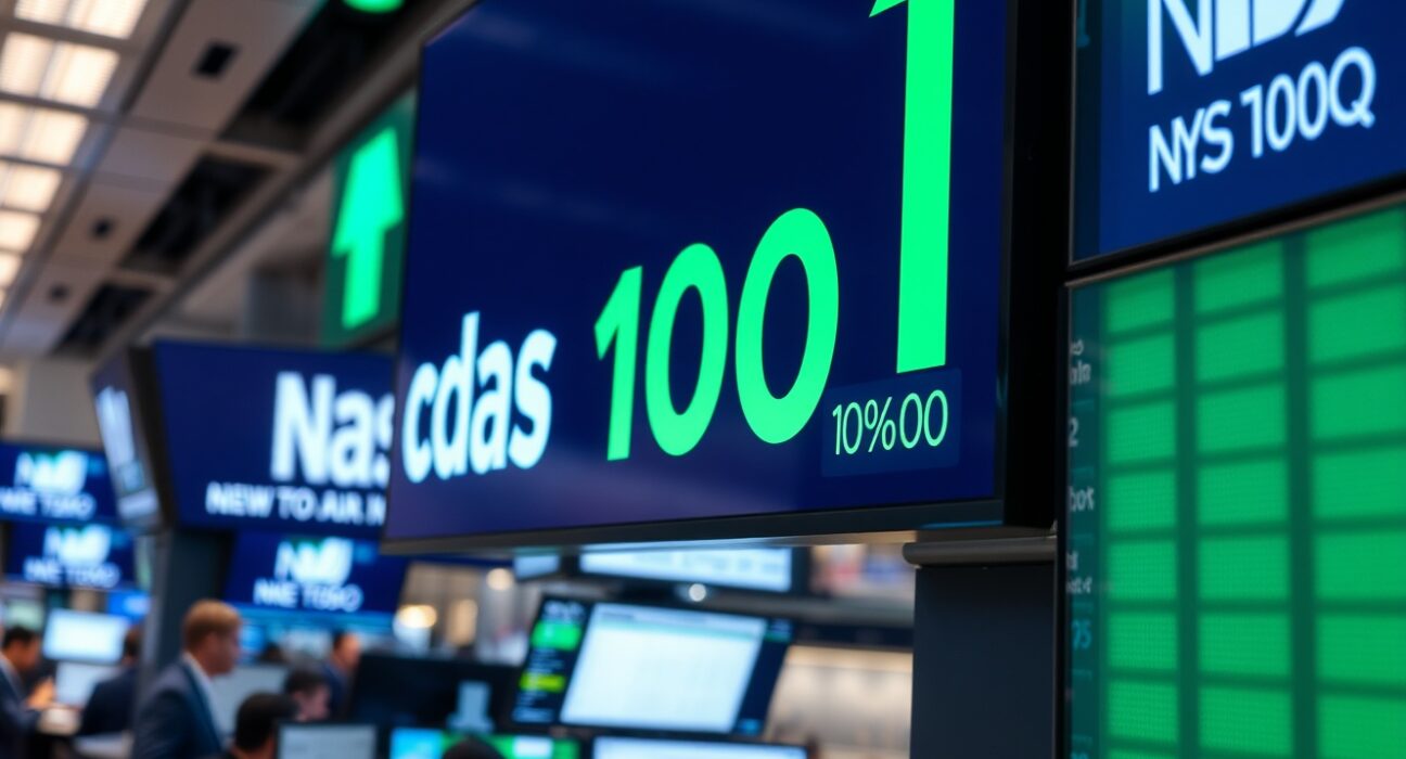 Nasdaq 100 futures index display showing positive green arrows on a trading floor screen, representing market recovery.