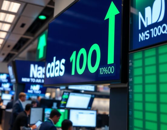Nasdaq 100 futures index display showing positive green arrows on a trading floor screen, representing market recovery.