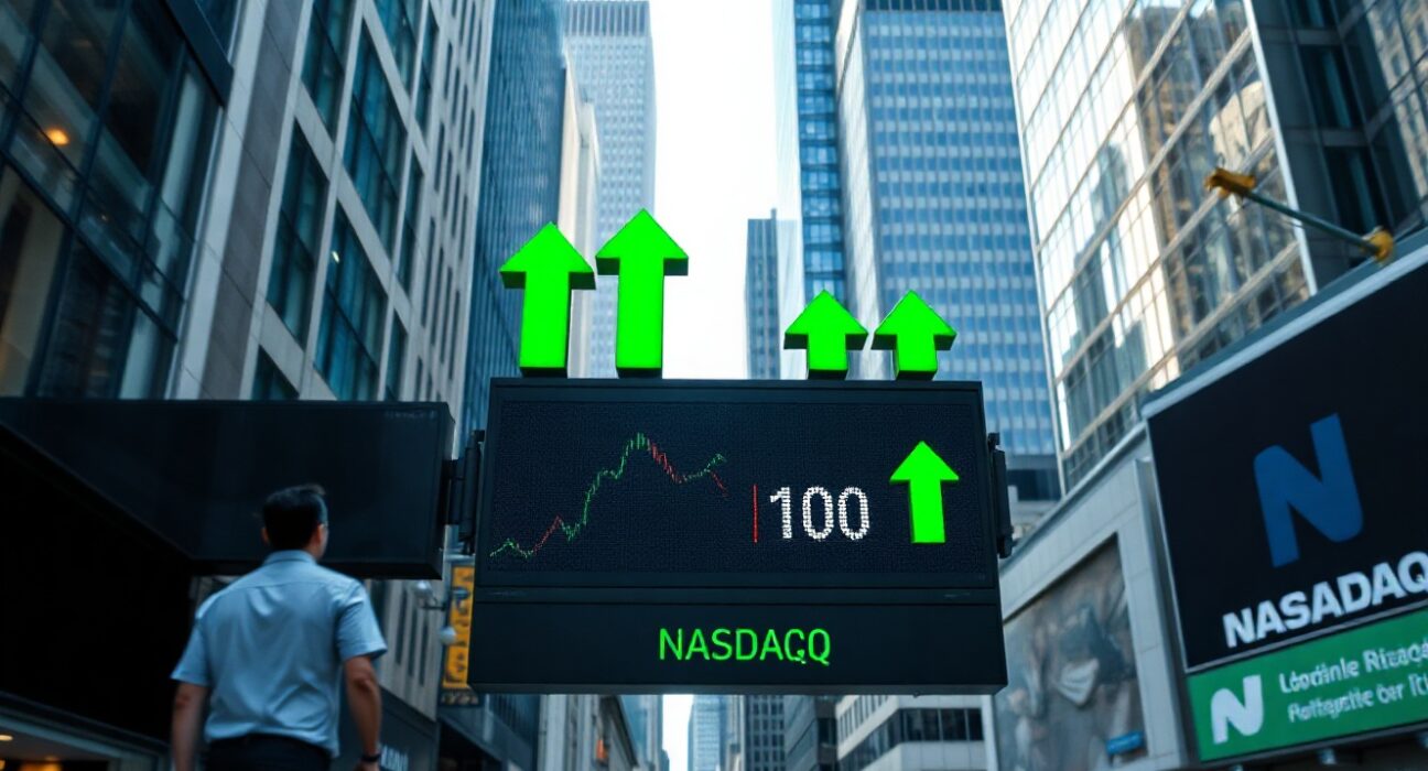 NASDAQ 100 futures rise after in-line CPI data, with market displays showing gains.