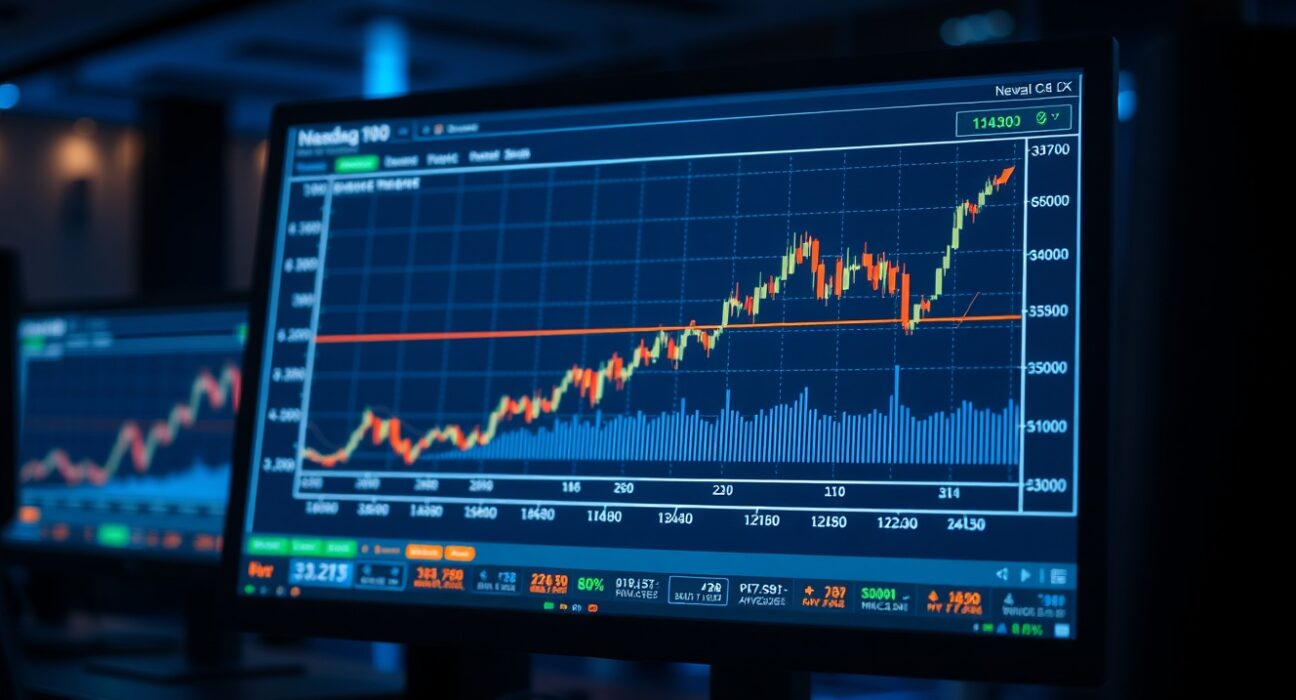 Nasdaq 100 index chart on a trading desk monitor showing resistance levels ahead of AI earnings season