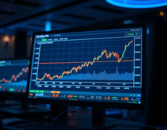 Nasdaq 100 index chart on a trading desk monitor showing resistance levels ahead of AI earnings season