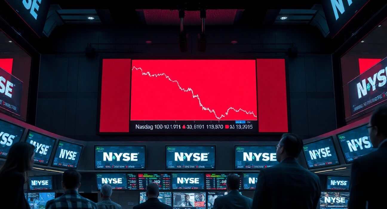 Stock exchange screen showing a declining Nasdaq 100 chart with traders watching.