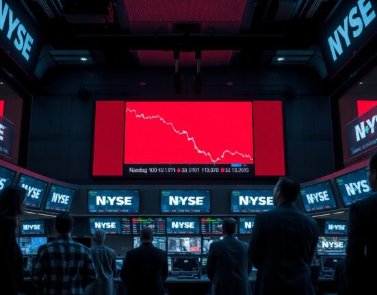 Stock exchange screen showing a declining Nasdaq 100 chart with traders watching.