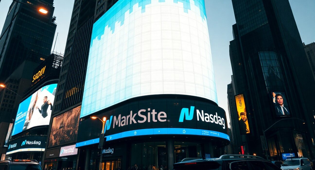 Nasdaq MarketSite building in New York City at dusk, symbolizing traditional finance's shift toward crypto-style trading hours.
