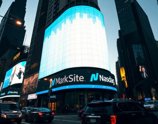 Nasdaq MarketSite building in New York City at dusk, symbolizing traditional finance's shift toward crypto-style trading hours.