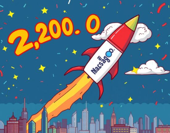 Cartoon illustration showing the Nasdaq all-time high with a rocket soaring past 22,000, symbolizing incredible market growth.