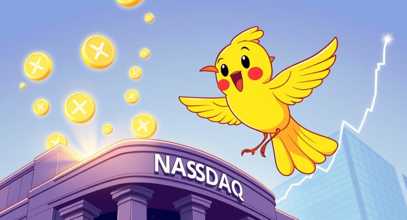 Golden canary celebrating XRP ETF approval at Nasdaq stock exchange with rising market graphs