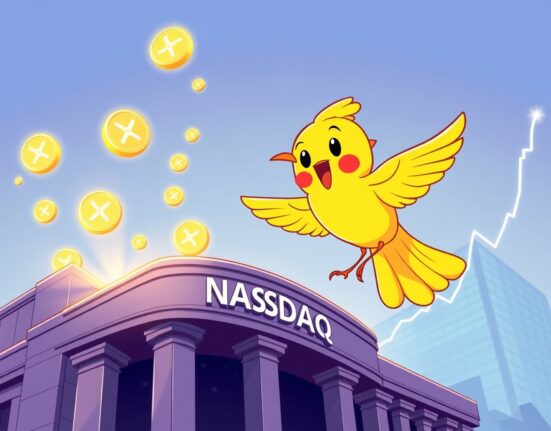 Golden canary celebrating XRP ETF approval at Nasdaq stock exchange with rising market graphs